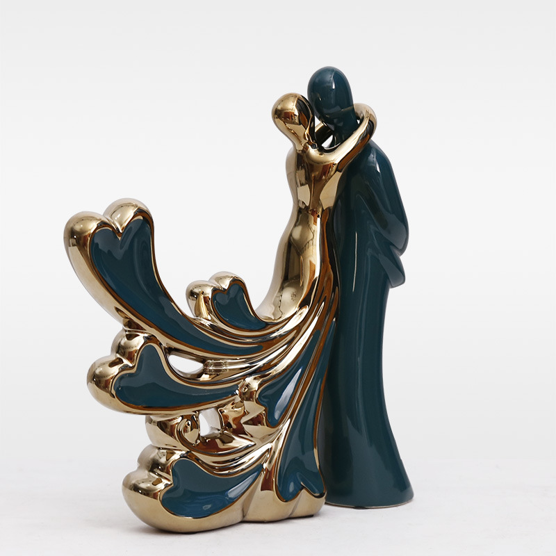 Nordic Morandi dark green electroplated gold ceramic couple figurine wine cabinet decoration high-end gift ornament