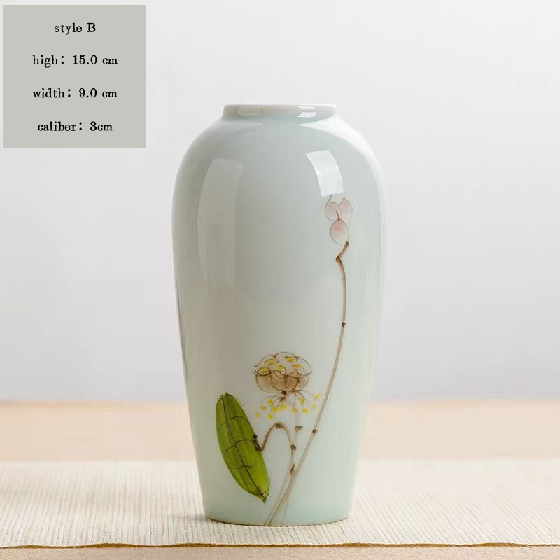 Jingdezhen ceramic hand-painted lotus flower vase, tea room ornament, dried flower hydroponic vase, living room three-piece decoration set.