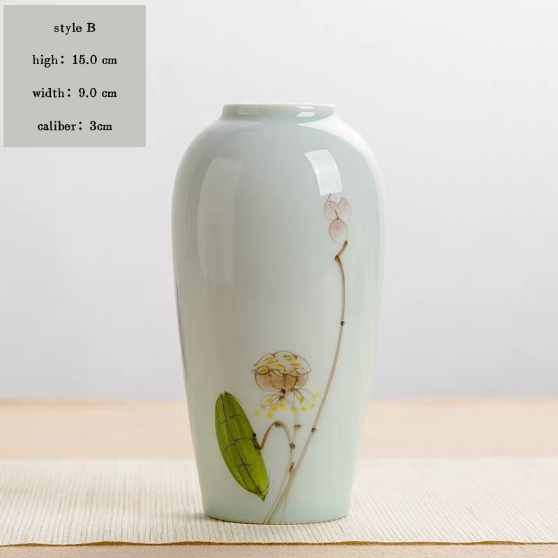 Jingdezhen ceramic hand-painted lotus flower vase, tea room ornament, dried flower hydroponic vase, living room three-piece decoration set.