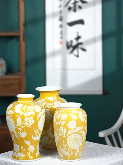 Hand-glazed yellow hand-painted ceramic vase with a textured surface, suitable for hydroponic plants