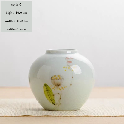 Jingdezhen ceramic hand-painted lotus flower vase, tea room ornament, dried flower hydroponic vase, living room three-piece decoration set.