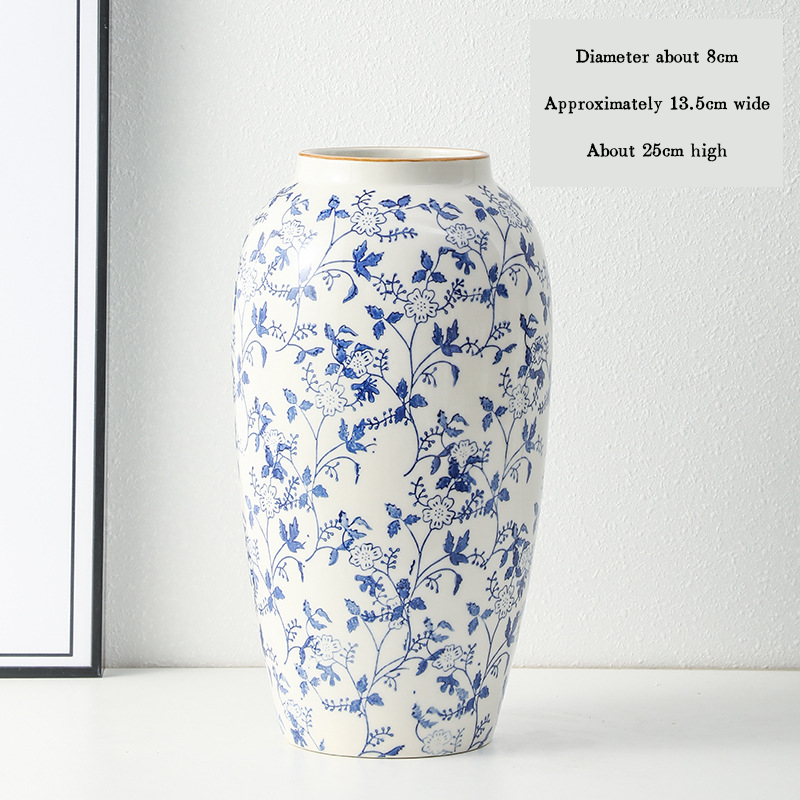 High-end retro-style new Chinese blue and white porcelain vase three-piece set for living room and dining room, floral arrangement, home decoration.