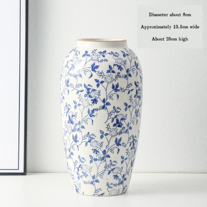 High-end retro-style new Chinese blue and white porcelain vase three-piece set for living room and dining room, floral arrangement, home decoration.