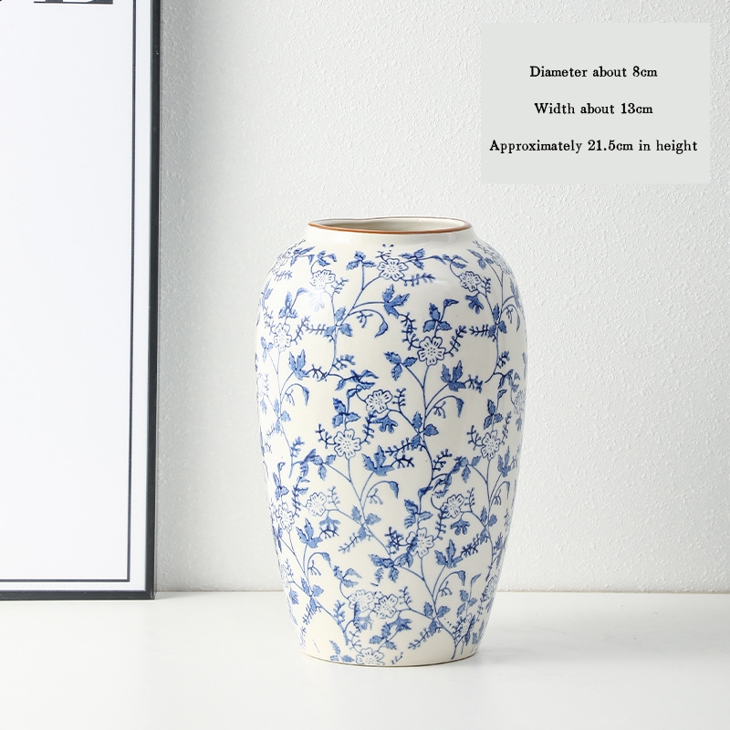High-end retro-style new Chinese blue and white porcelain vase three-piece set for living room and dining room, floral arrangement, home decoration.