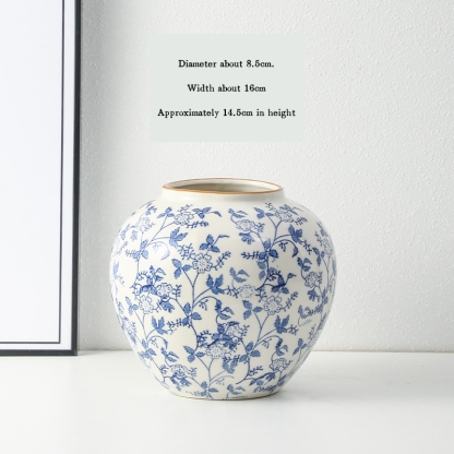 High-end retro-style new Chinese blue and white porcelain vase three-piece set for living room and dining room, floral arrangement, home decoration.
