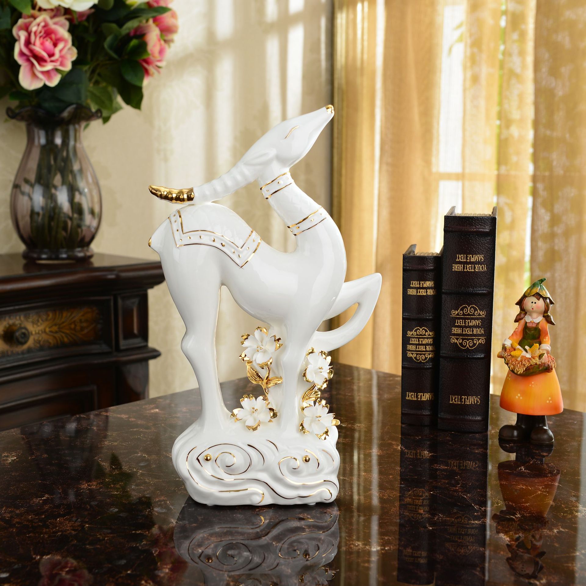 Ceramic sheep figurine, a lucky goat ornament, a craft item for home decoration.