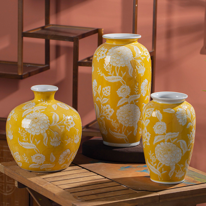 Hand-glazed yellow hand-painted ceramic vase with a textured surface, suitable for hydroponic plants