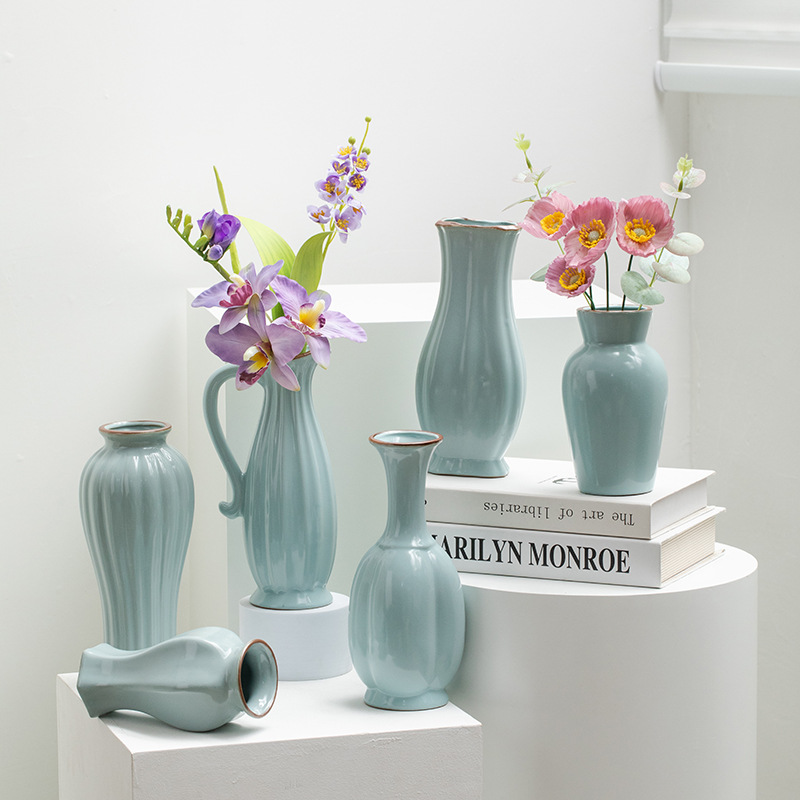 Chinese retro Zen-inspired Ru kiln ceramic vase decoration for dried flowers, hydroponic fresh flowers, living room, entryway flower arrangement.