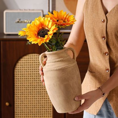 Ornamental flower arrangement, vintage ceramic vase with handles, flower arrangement utensil