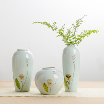 Jingdezhen ceramic hand-painted lotus flower vase, tea room ornament, dried flower hydroponic vase, living room three-piece decoration set.