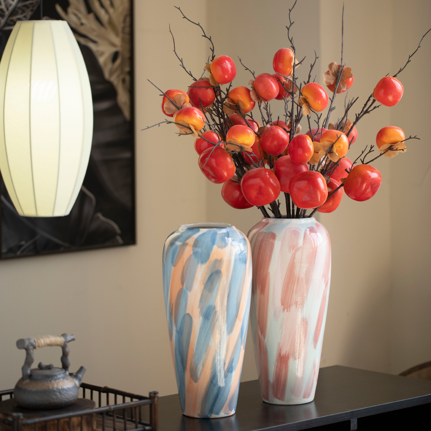 Jingdezhen modern minimalist ceramic vase, colorful graffiti flower vase, floral decoration, dining table ornament