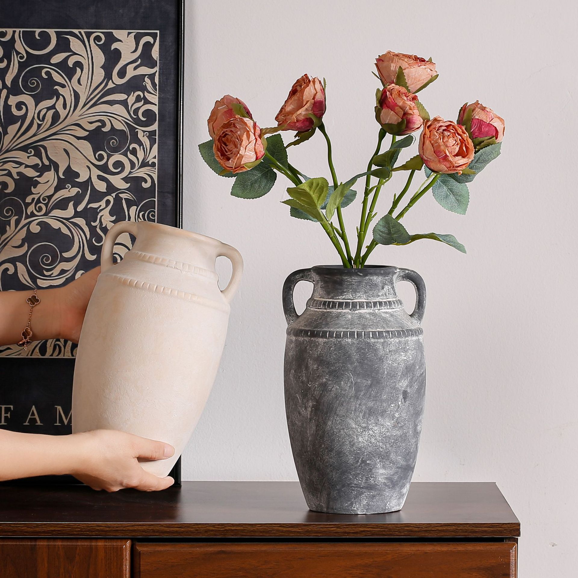 Ornamental flower arrangement, vintage ceramic vase with handles, flower arrangement utensil
