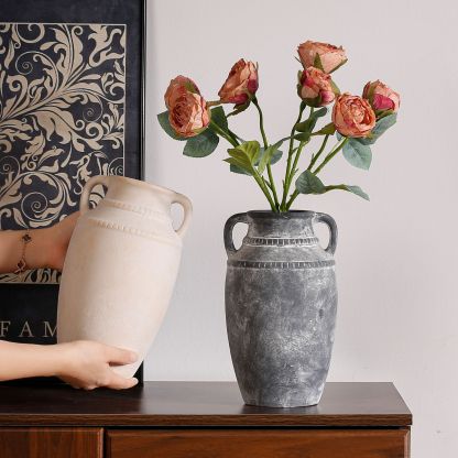 Ornamental flower arrangement, vintage ceramic vase with handles, flower arrangement utensil