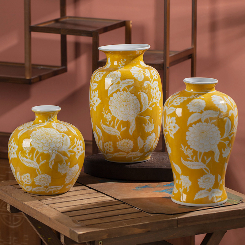 Hand-glazed yellow hand-painted ceramic vase with a textured surface, suitable for hydroponic plants