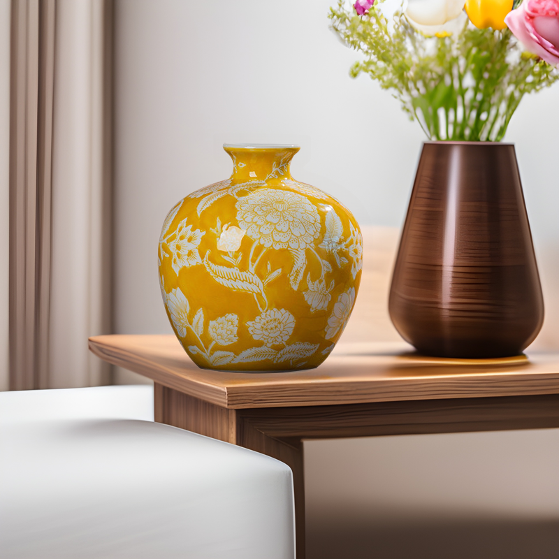 Hand-glazed yellow hand-painted ceramic vase with a textured surface, suitable for hydroponic plants