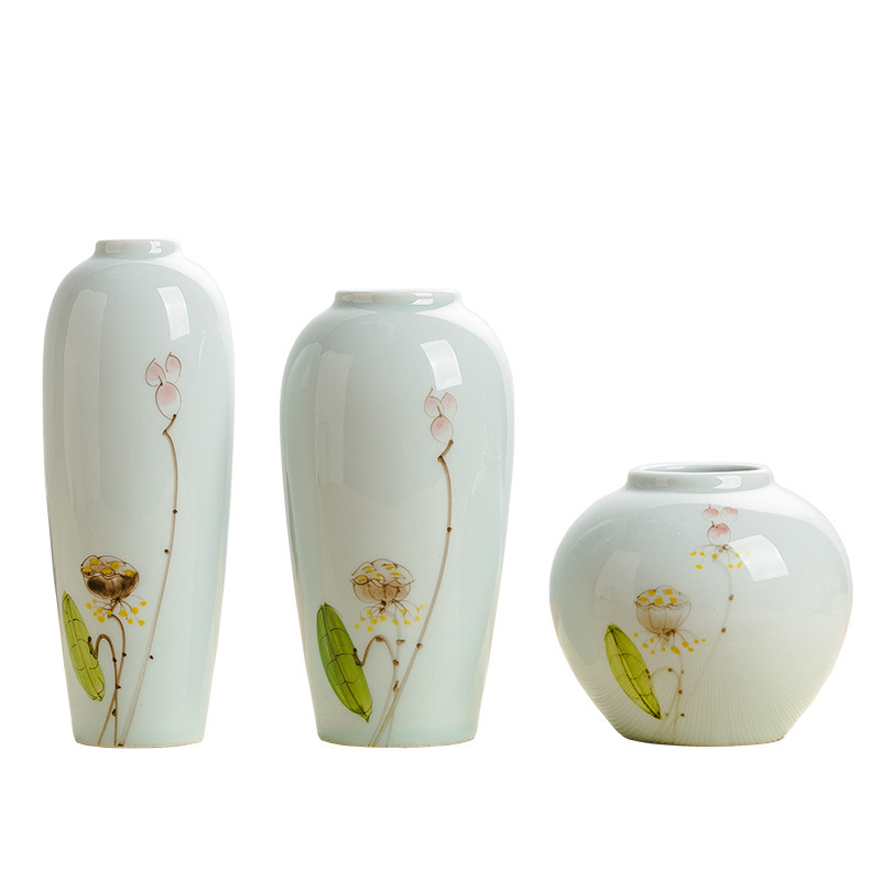 Jingdezhen ceramic hand-painted lotus flower vase, tea room ornament, dried flower hydroponic vase, living room three-piece decoration set.