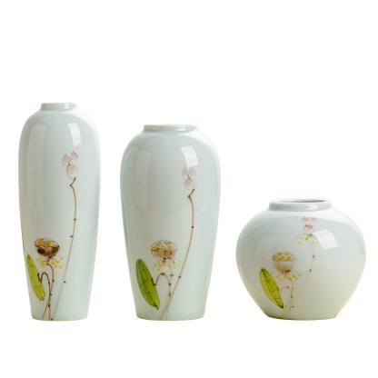 Jingdezhen ceramic hand-painted lotus flower vase, tea room ornament, dried flower hydroponic vase, living room three-piece decoration set.