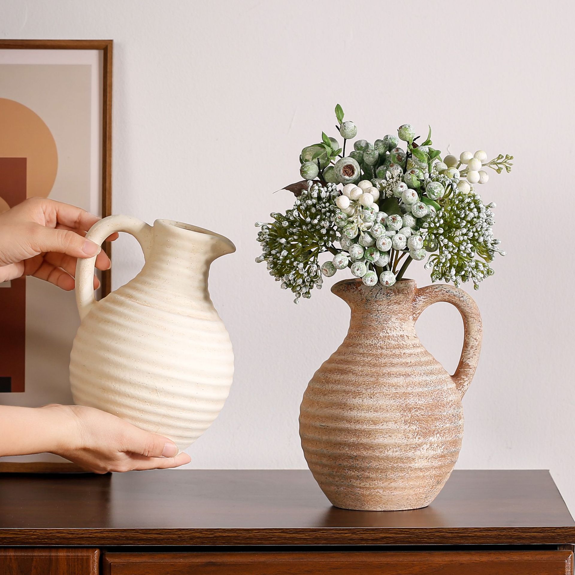 Ornamental flower arrangement, vintage ceramic vase with handles, flower arrangement utensil