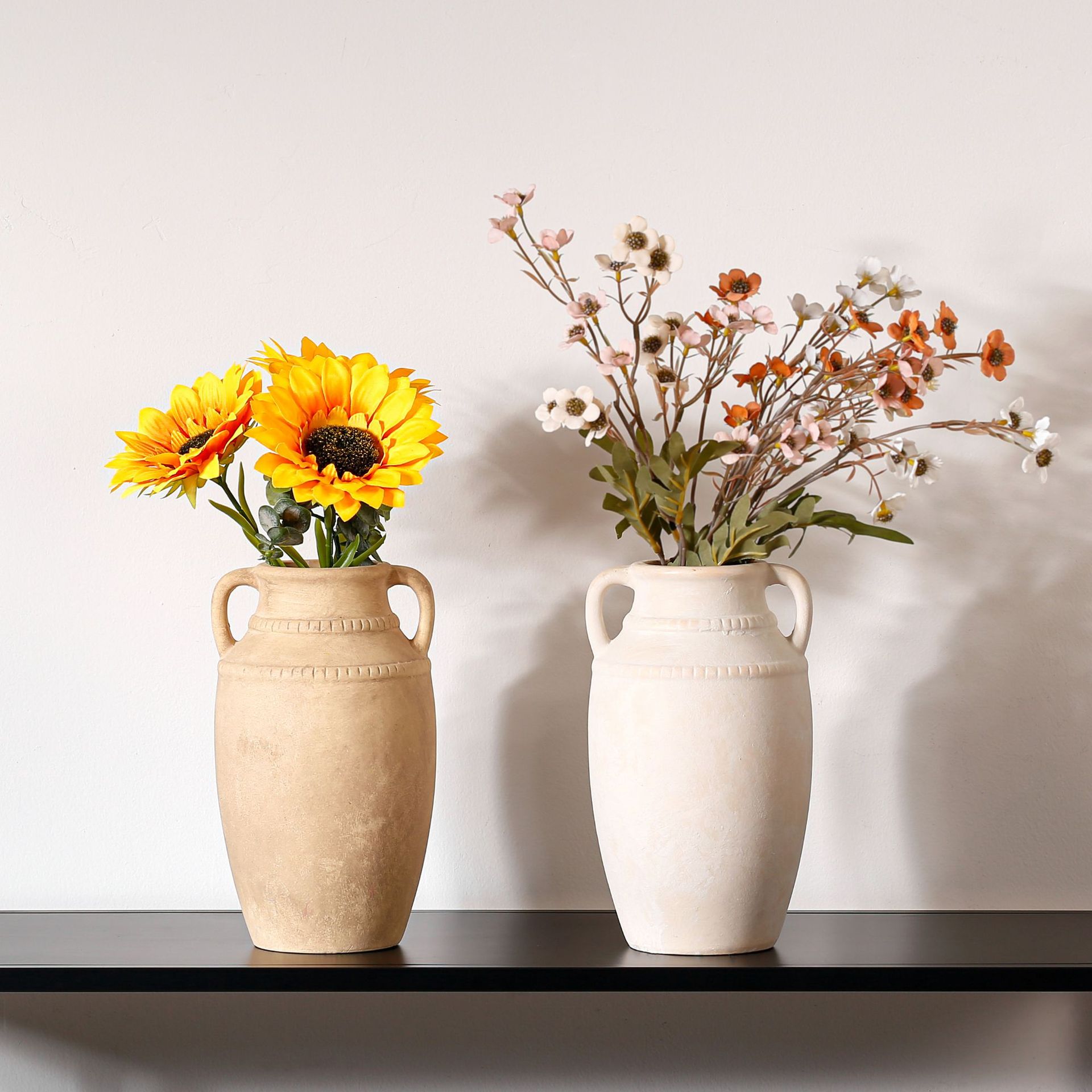 Ornamental flower arrangement, vintage ceramic vase with handles, flower arrangement utensil
