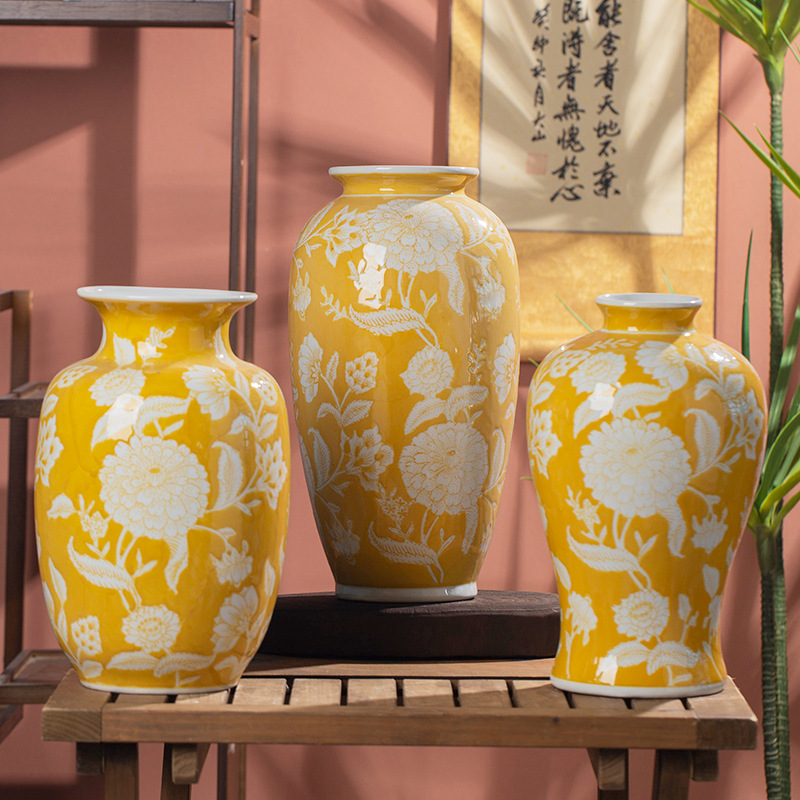Hand-glazed yellow hand-painted ceramic vase with a textured surface, suitable for hydroponic plants