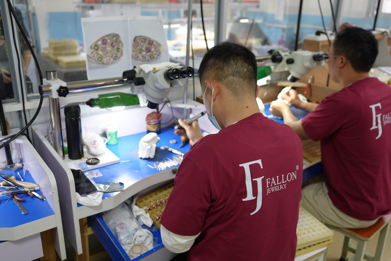 FJ Fallon Jewelry factory craftsmen working on precision jewelry production