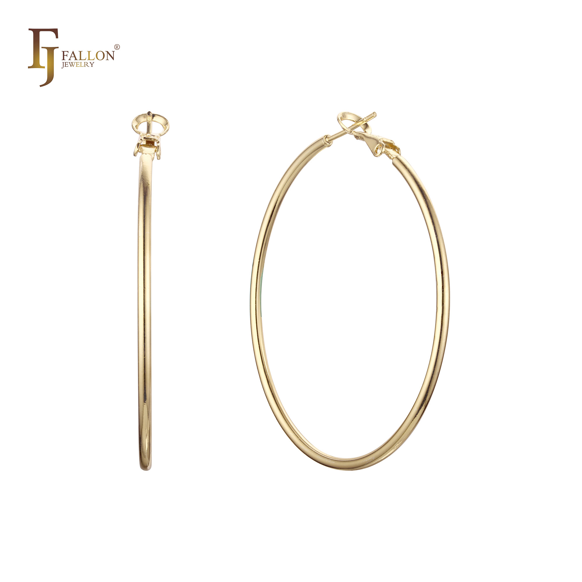 "Classic 14K gold-plated hoop earrings in a minimalist round design, shown from side and front angles with FJ Fallon branding."
Earrings (Hoop Earrings) from FJ Fallon Jewelry