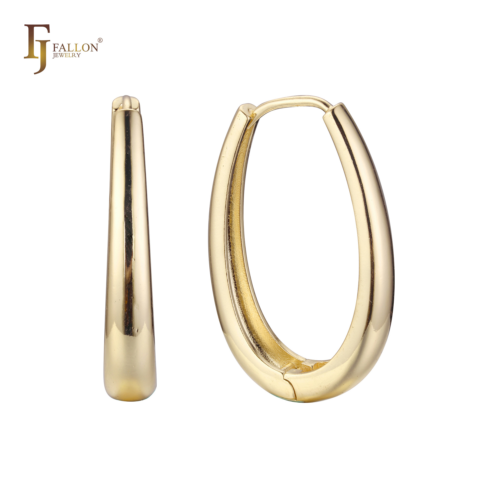"Minimalist oval hoop earrings in polished 14K gold tone with smooth finish and seamless clasp closure, shown from side and front views."
Earrings (Huggie Earrings) from FJ Fallon Jewelry