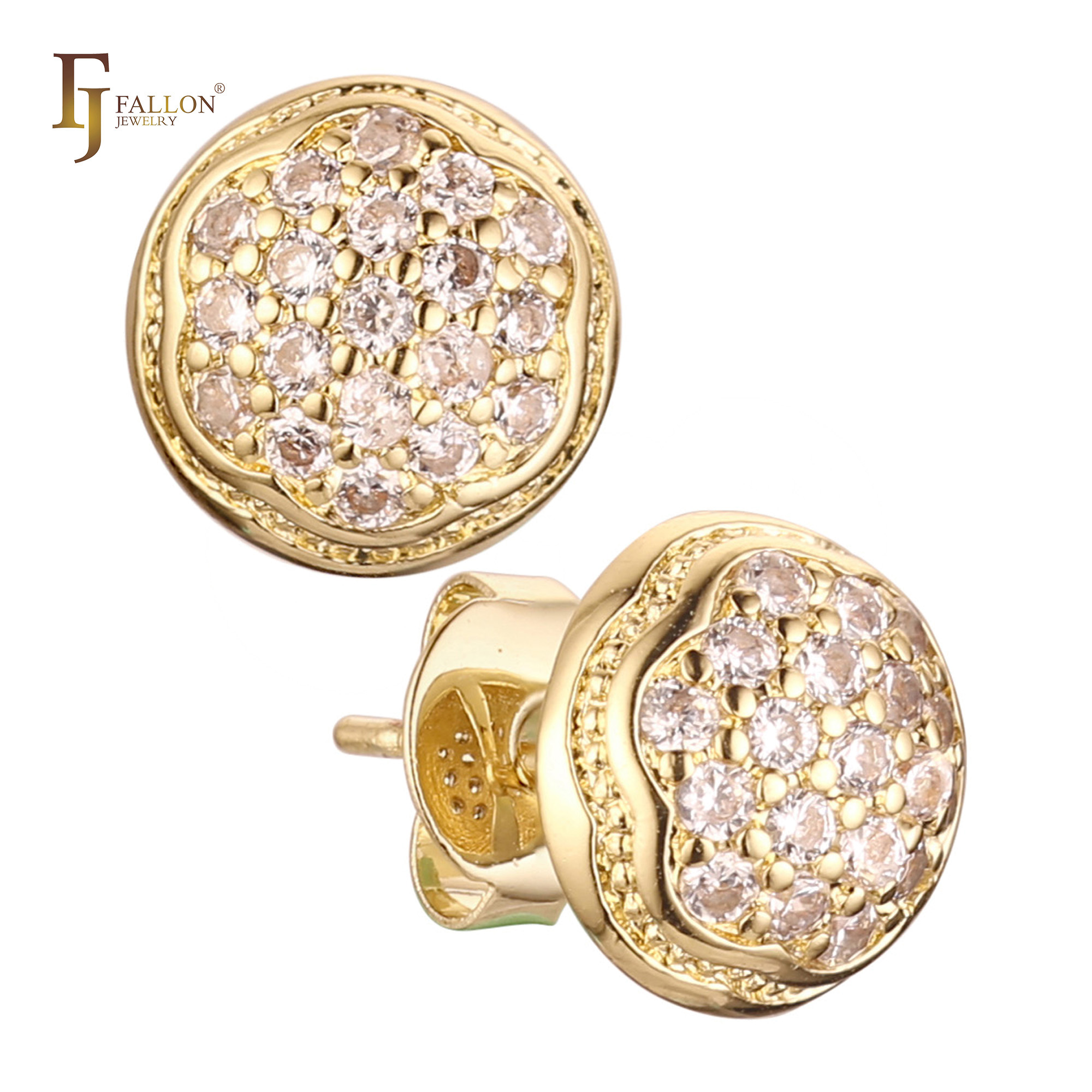 "Round 14K gold stud earrings with dome-shaped design and pavé-set white CZ stones, shown from top and angled view."
Earrings (Stud Earrings) from FJ Fallon Jewelry