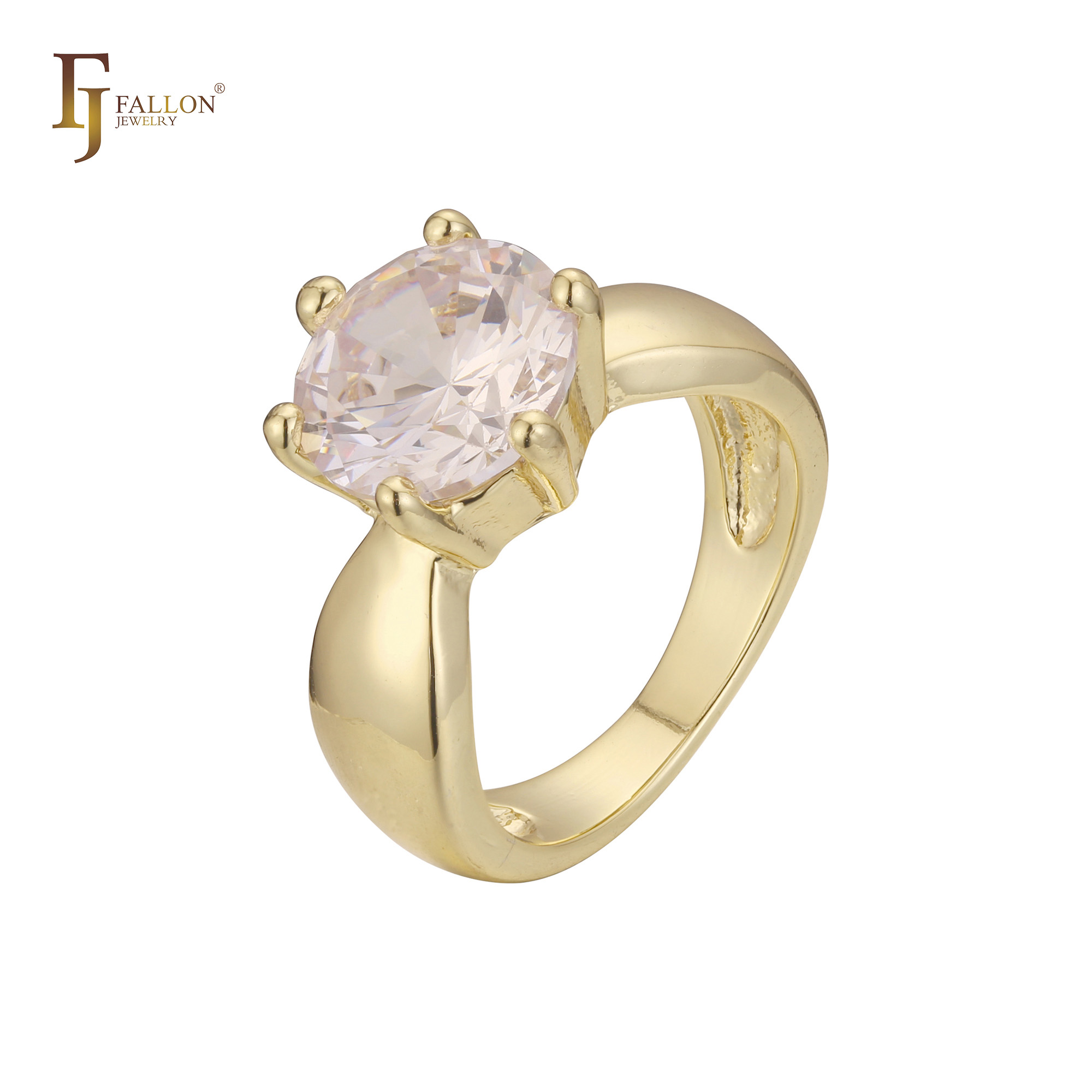 "14K gold solitaire engagement ring with a large round-cut white CZ in six-prong setting, classic and bold design."
Rings (Engagement Rings) From FJ Fallon Jewelry