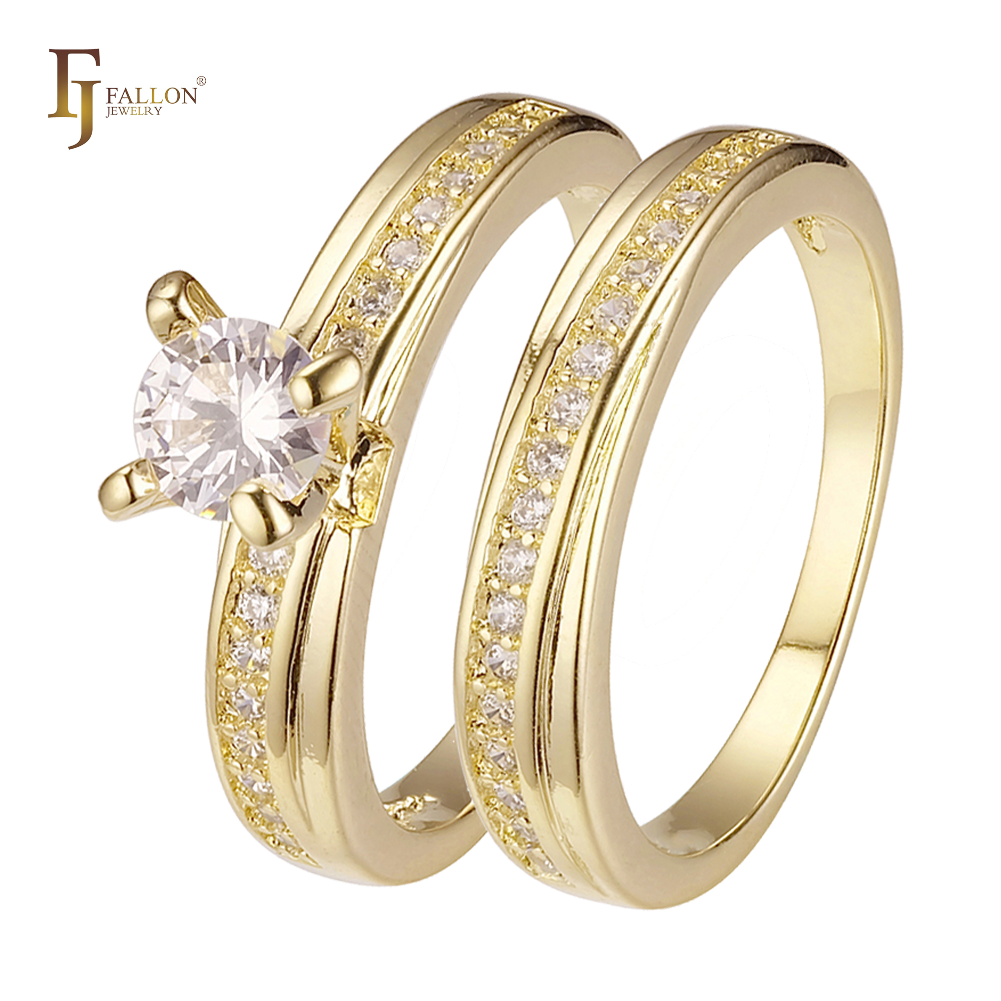 "14K gold wedding ring set with a round-cut solitaire engagement ring and matching CZ pave wedding band, elegant and coordinated design."
Rings (Wedding Set) From FJ Fallon Jewelry