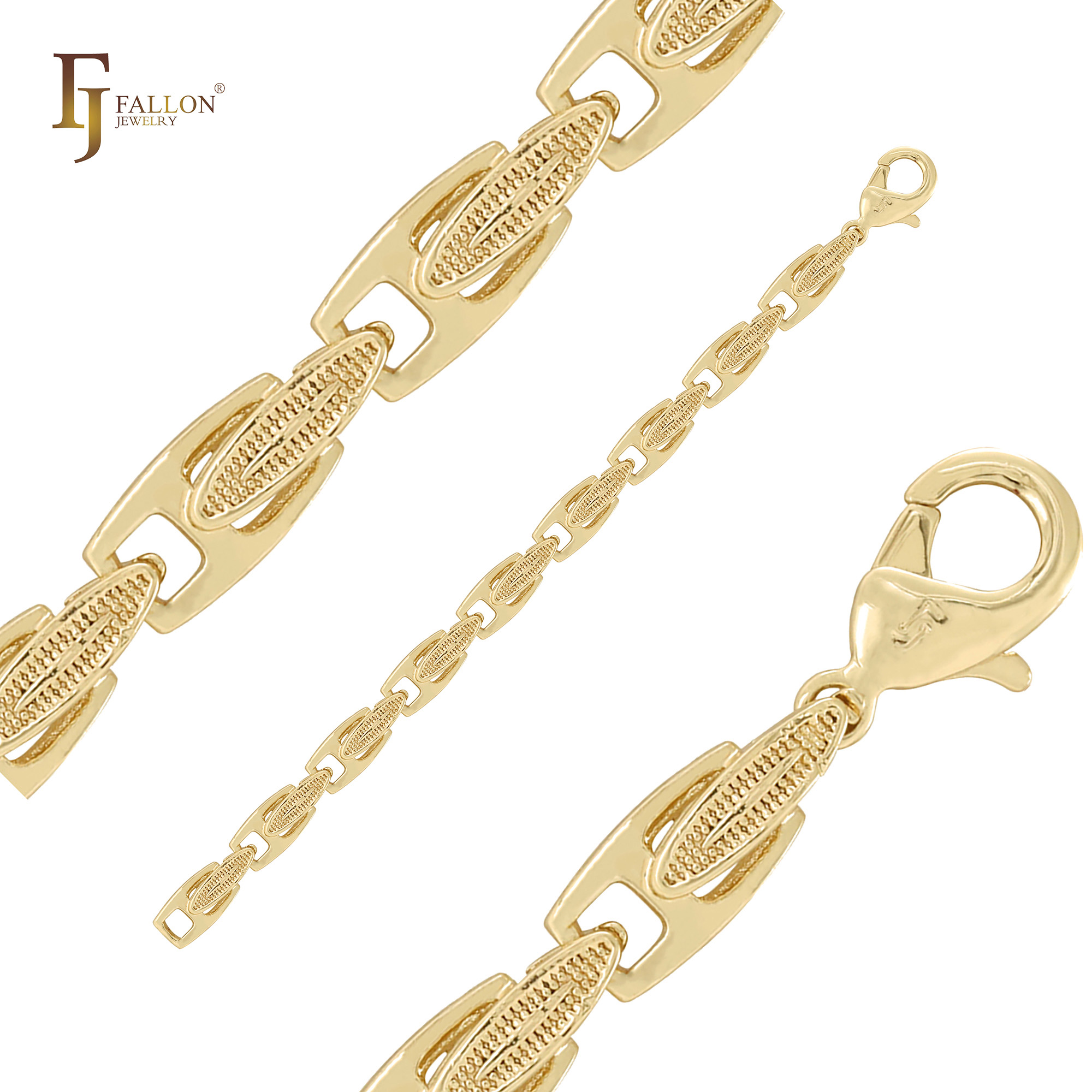 14K gold bracelet with alternating H-shaped links in a 90-degree pattern, finished with a lobster clasp engraved with FJ Fallon logo 
Bracelets (All Categories) From FJ Fallon Jewelry