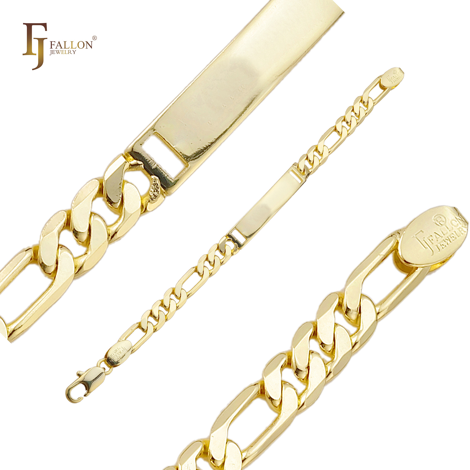 "Classic 14K gold-plated hoop earrings in a minimalist round design, shown from side and front angles with FJ Fallon branding."
Bracelets (Men's ID Bracelets) From FJ Fallon Jewelry