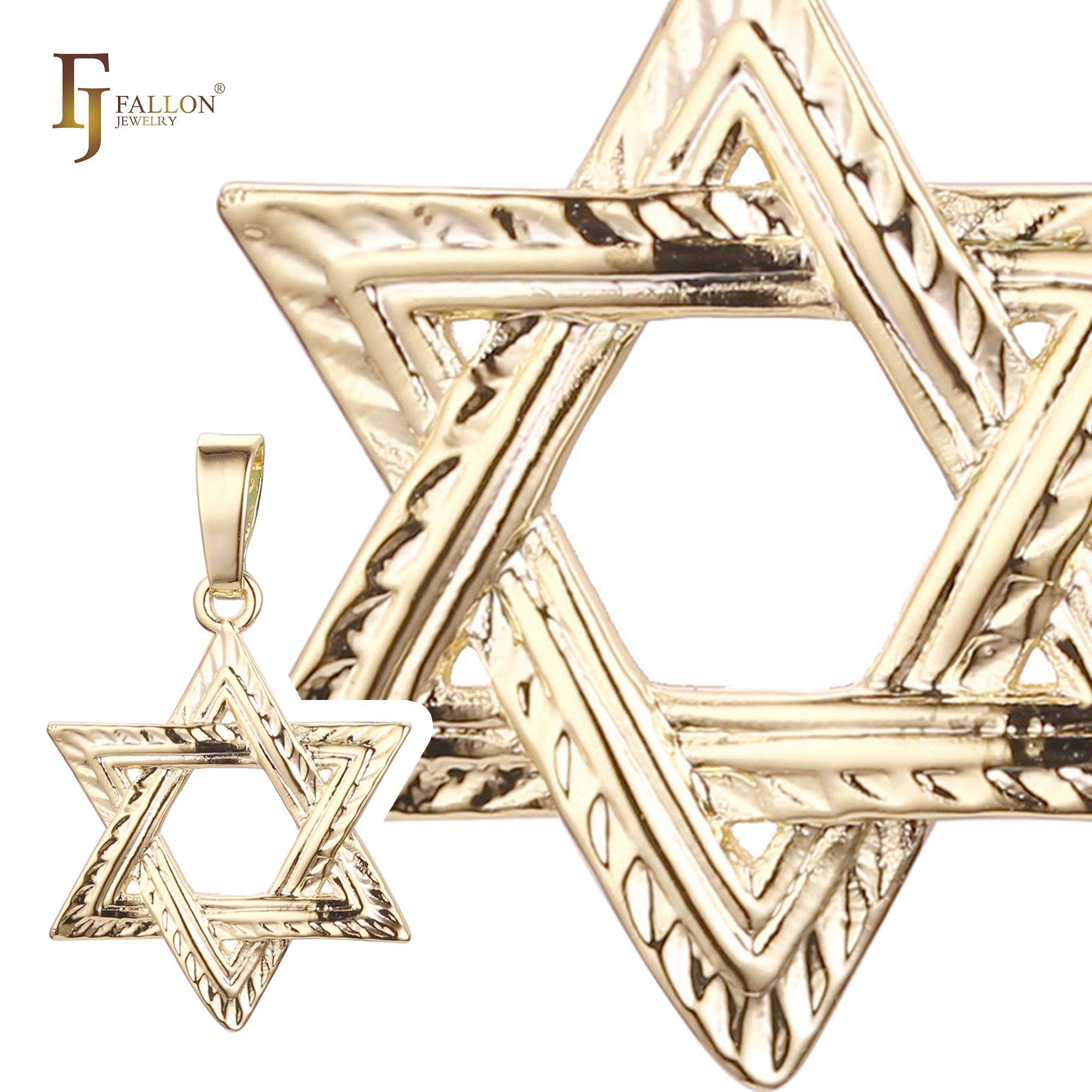 Gold-plated Star of David pendant with textured finish, representing Jewish faith and tradition.