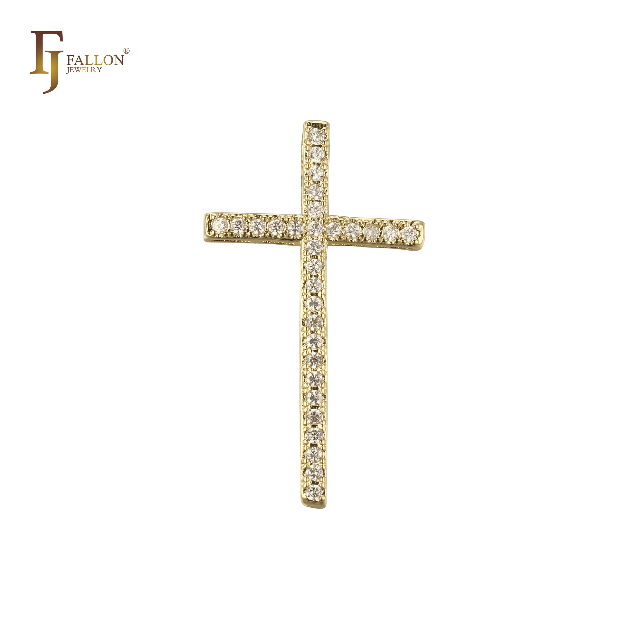 Simple gold cross pendant with full cubic zirconia pavé, representing universal Christian faith and minimalist elegance.