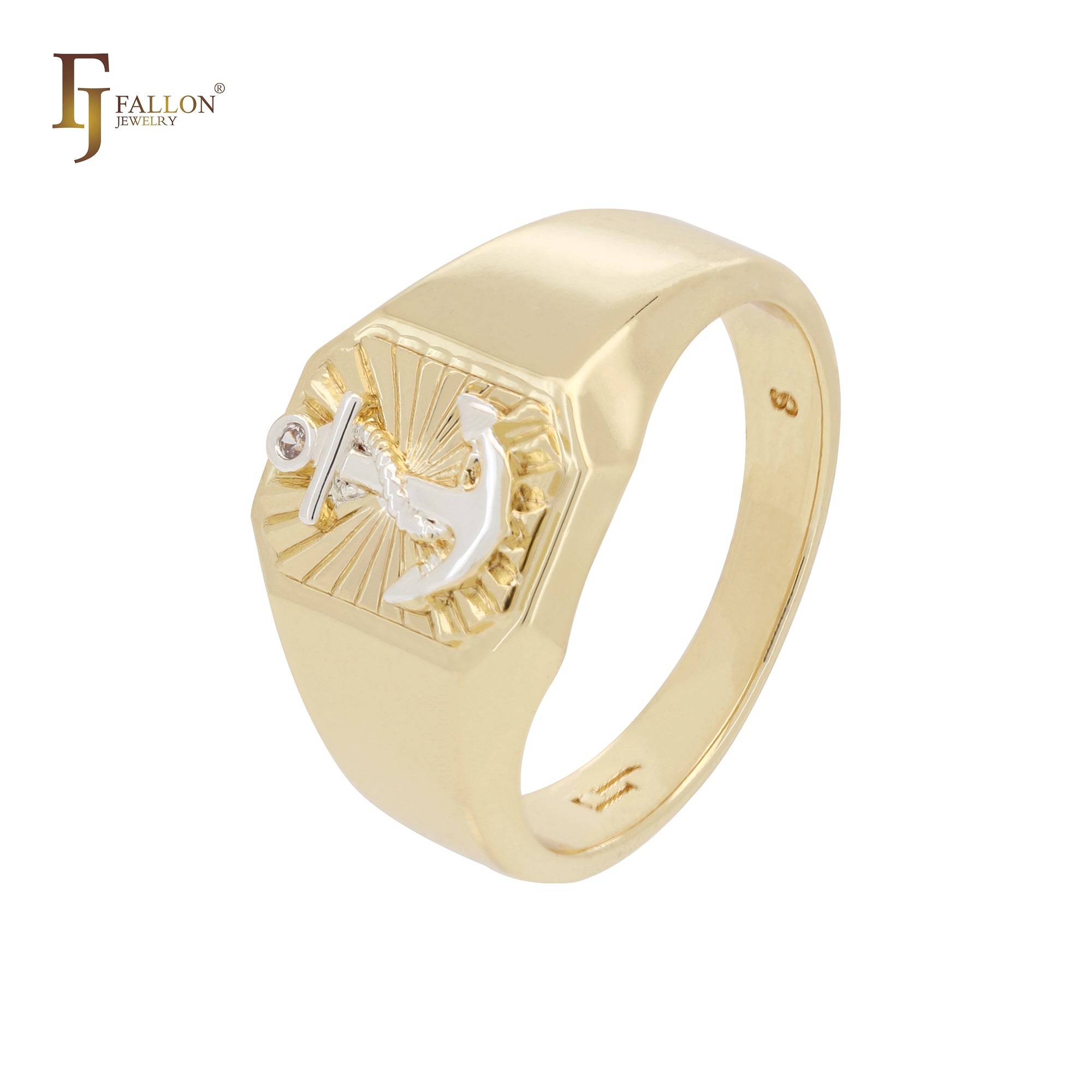 The Anchor sign 14K Gold two tone Signet Men's Rings-FJ Fallon Jewelry