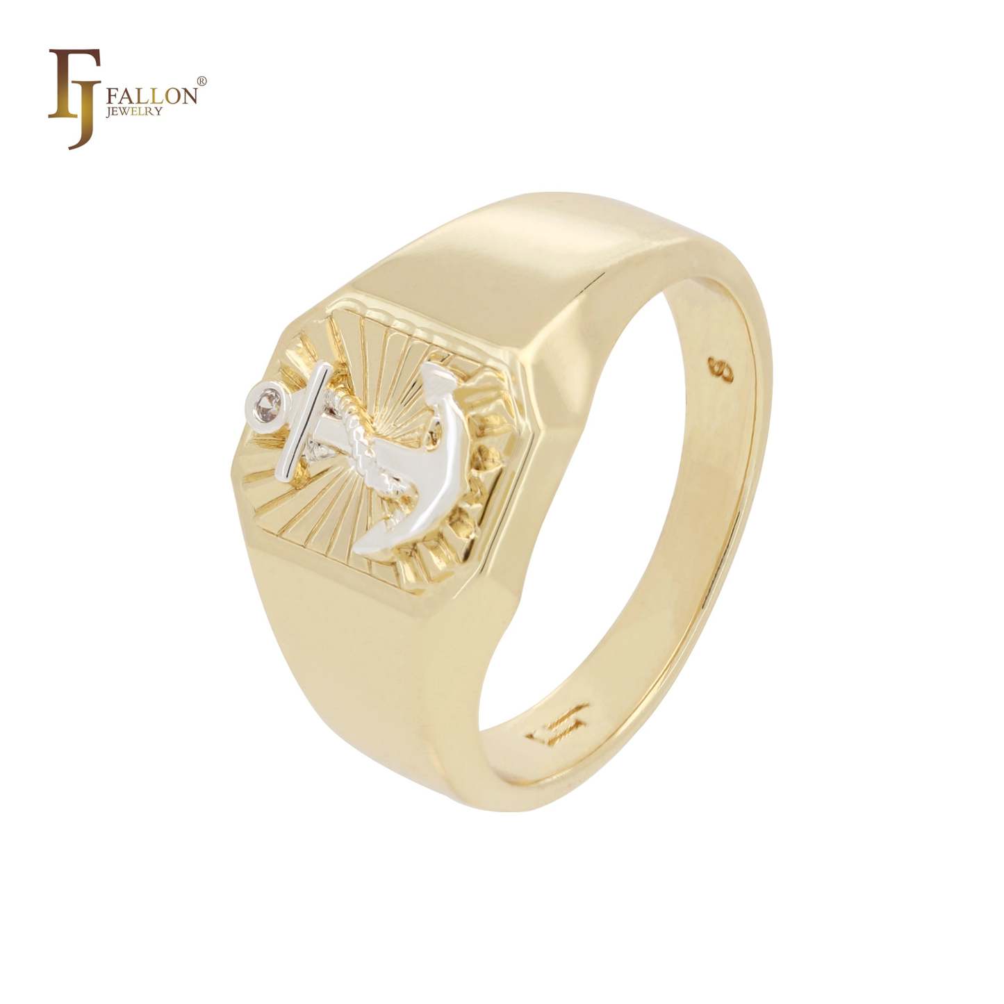 The Anchor sign 14K Gold two tone Signet Men's Rings-FJ Fallon Jewelry
