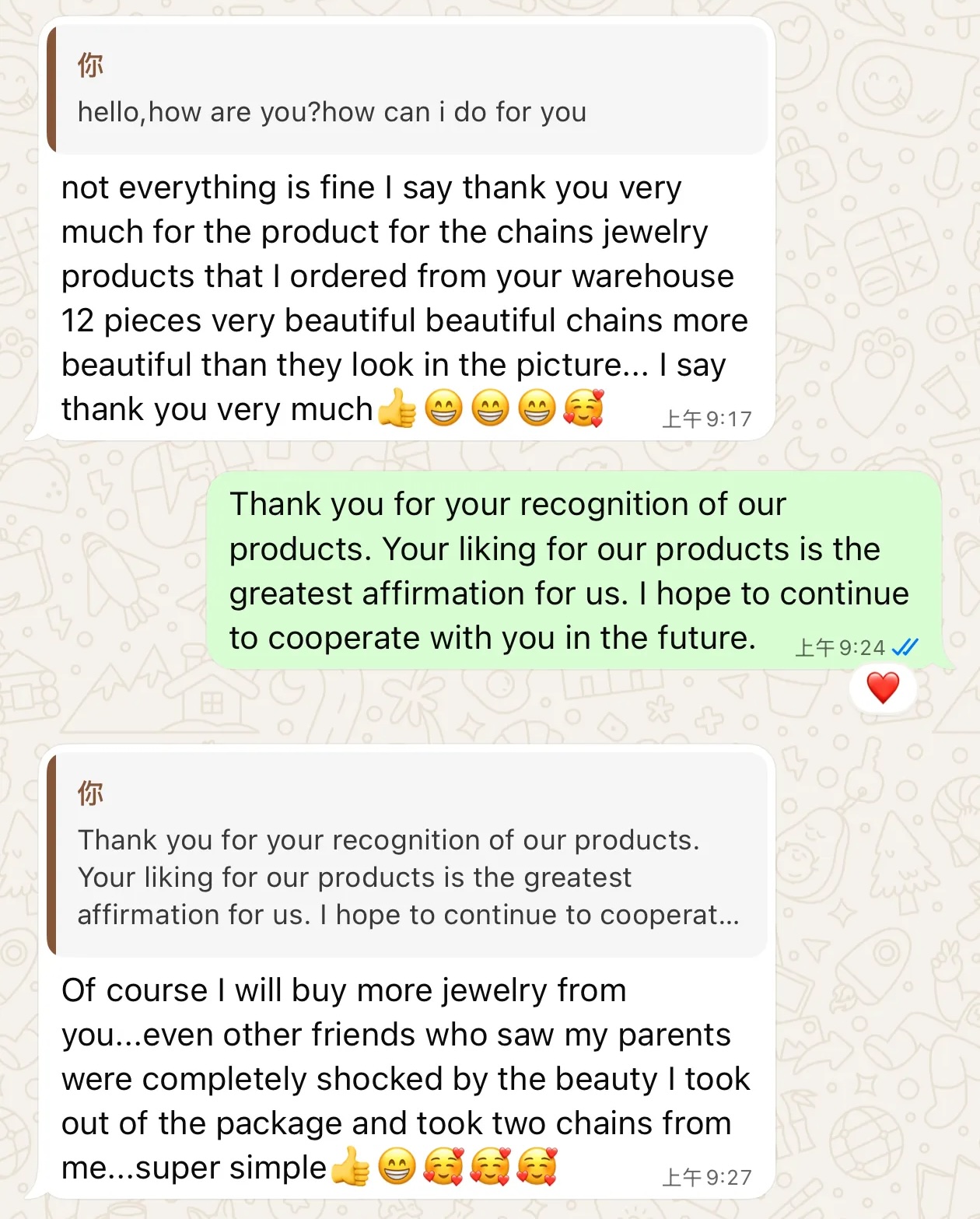 United States WhatsApp feedback for FJ Fallon Jewelry chains