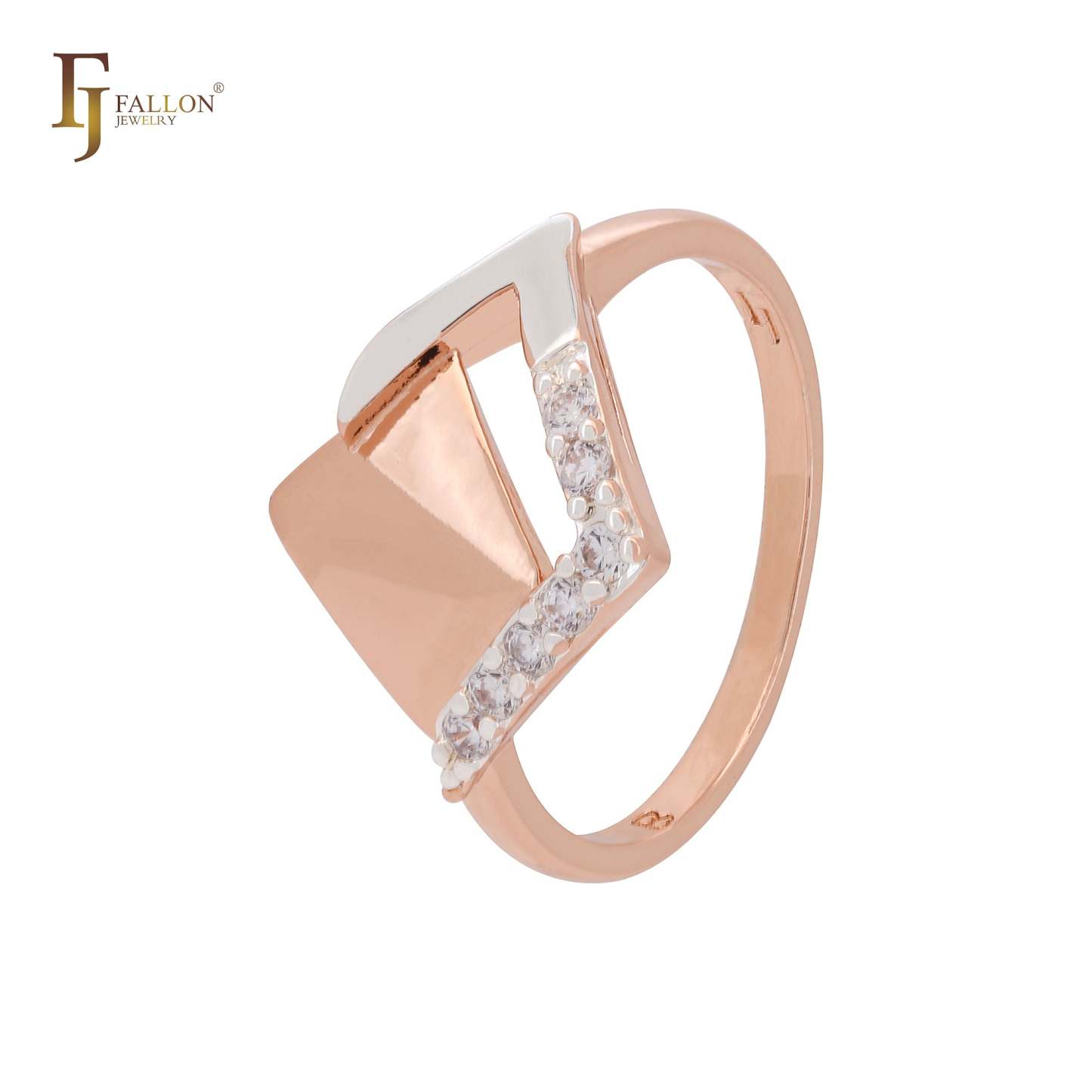 Double rhombus of white CZs Rose Gold two tone Fashion Rings-FJ Fallon Jewelry