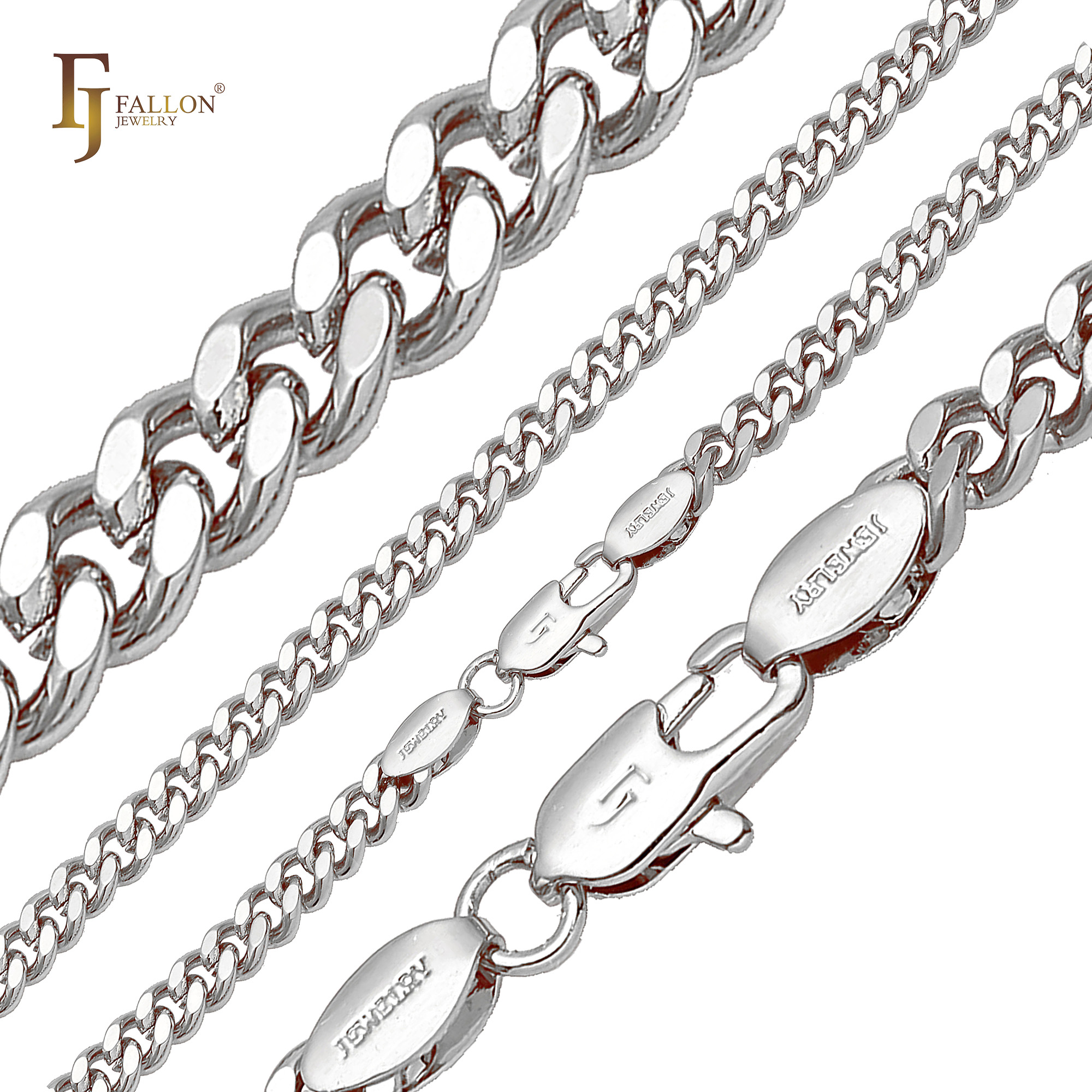 "White gold chain necklaces featuring Cuban and cable link styles, with close-up of polished links and engraved lobster clasps."
Chain Necklaces (White Gold) From FJ Fallon Jewelry
