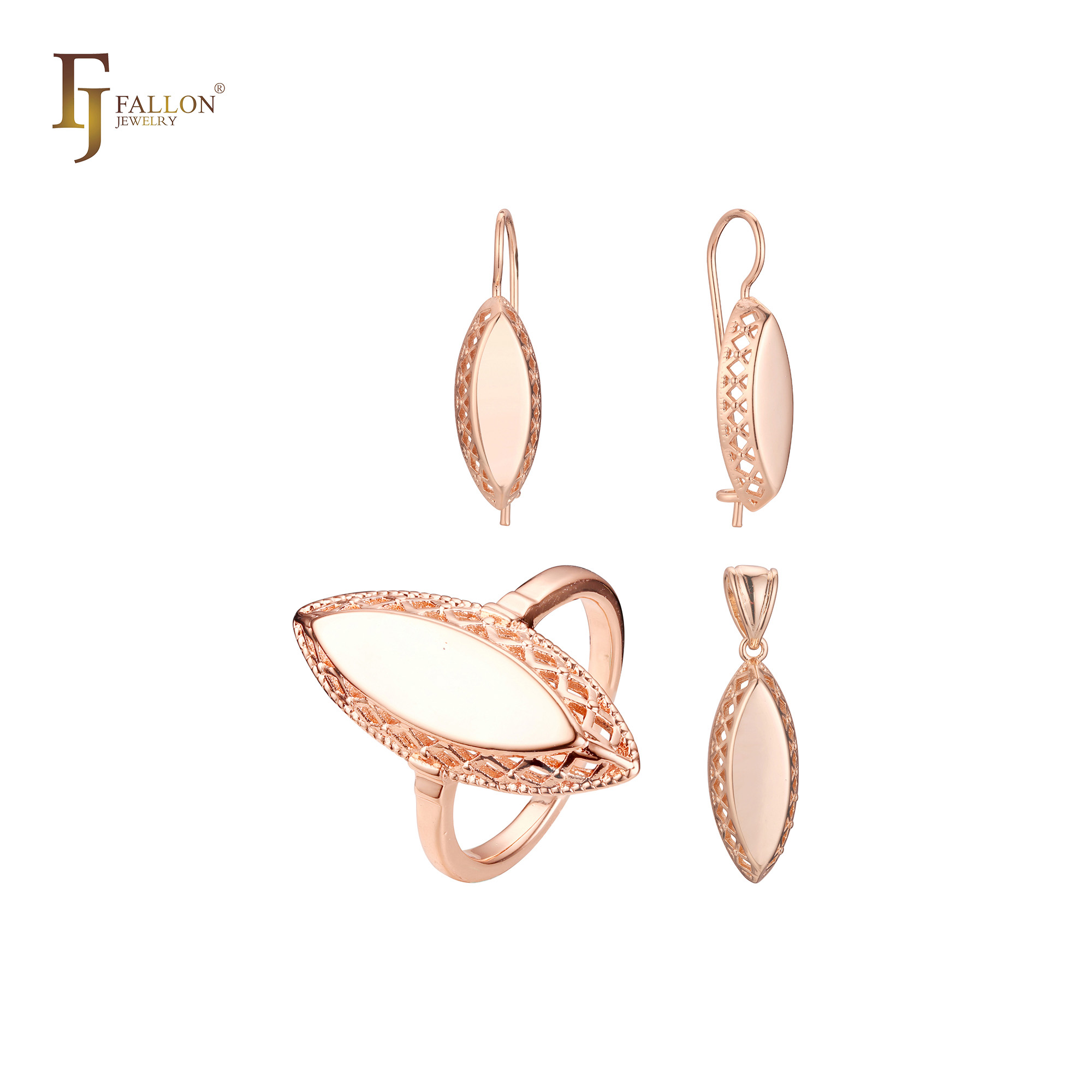 "Rose gold jewelry set featuring leaf-shaped design with polished center and filigree edges, includes ring, pendant and wire hook earrings."
Jewelry Set (Earrings, Rings and Pendant) From FJ Fallon Jewelry