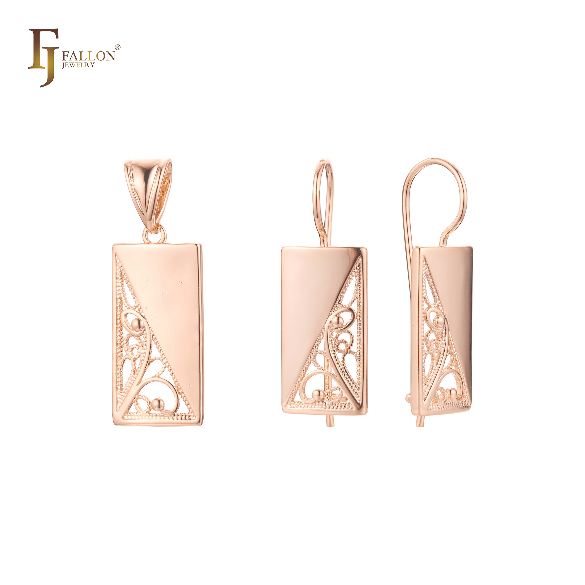 "Rose gold jewelry set featuring rectangular pendant and matching wire hook earrings with half-polished and half-filigree design."
Jewelry Set (Earrings with Pendant) From FJ Fallon Jewelry