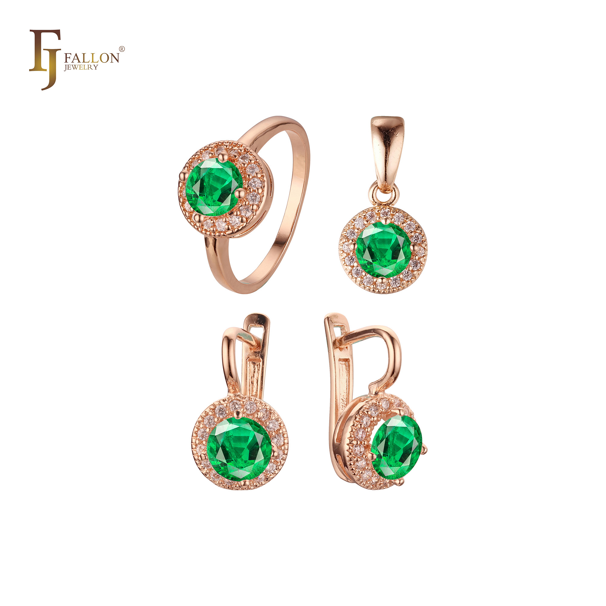 "Rose gold jewelry set with round green CZ stones and pavé white CZ accents, includes earrings, ring, and pendant in a matching design."
Jewelry Set from FJ Fallon Jewelry