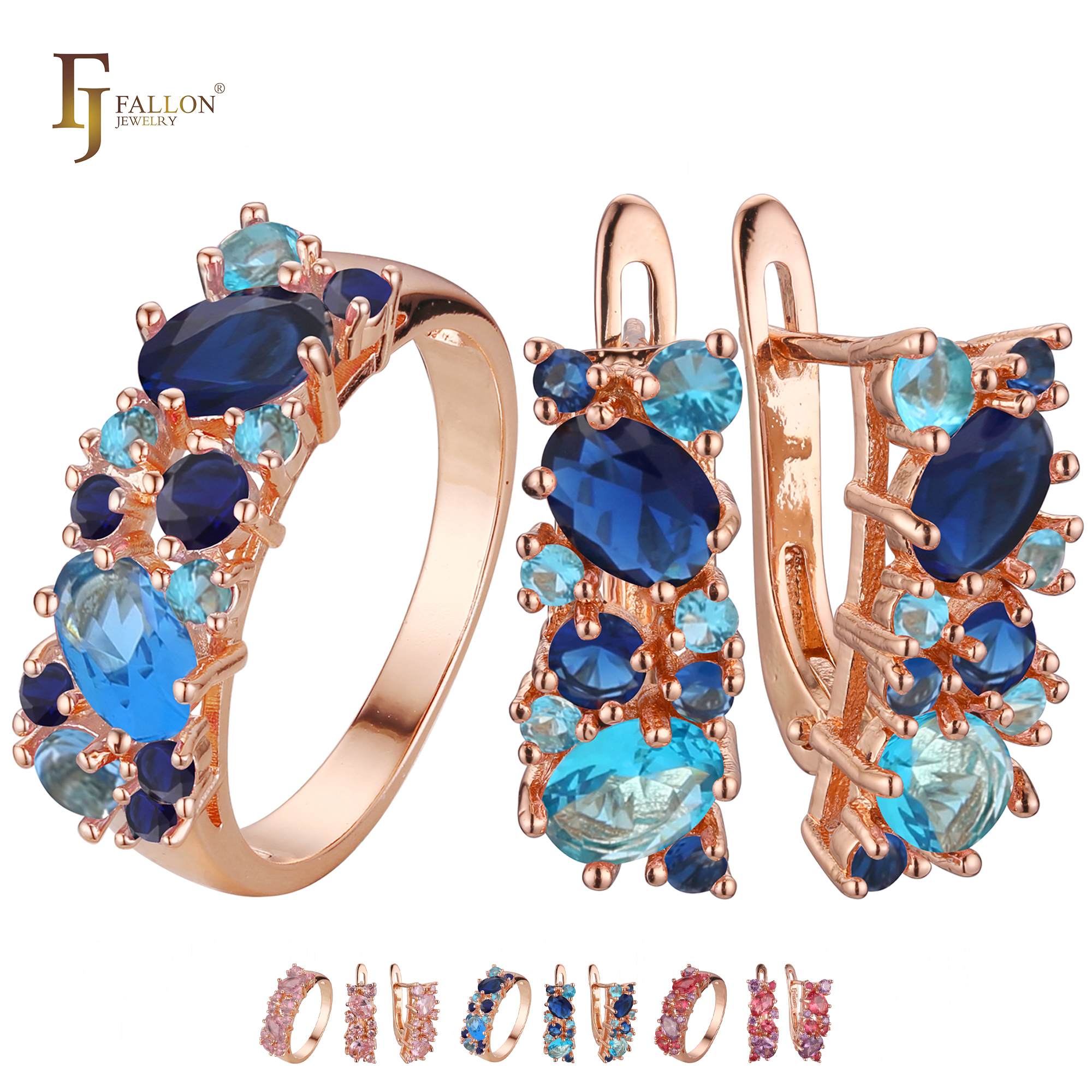 "Rose gold jewelry set featuring blue gemstone-style ring and matching earrings, with oval and round stones, shown with color variations below."
Jewelry Set (Earrings with Rings) from FJ Fallon Jewelry