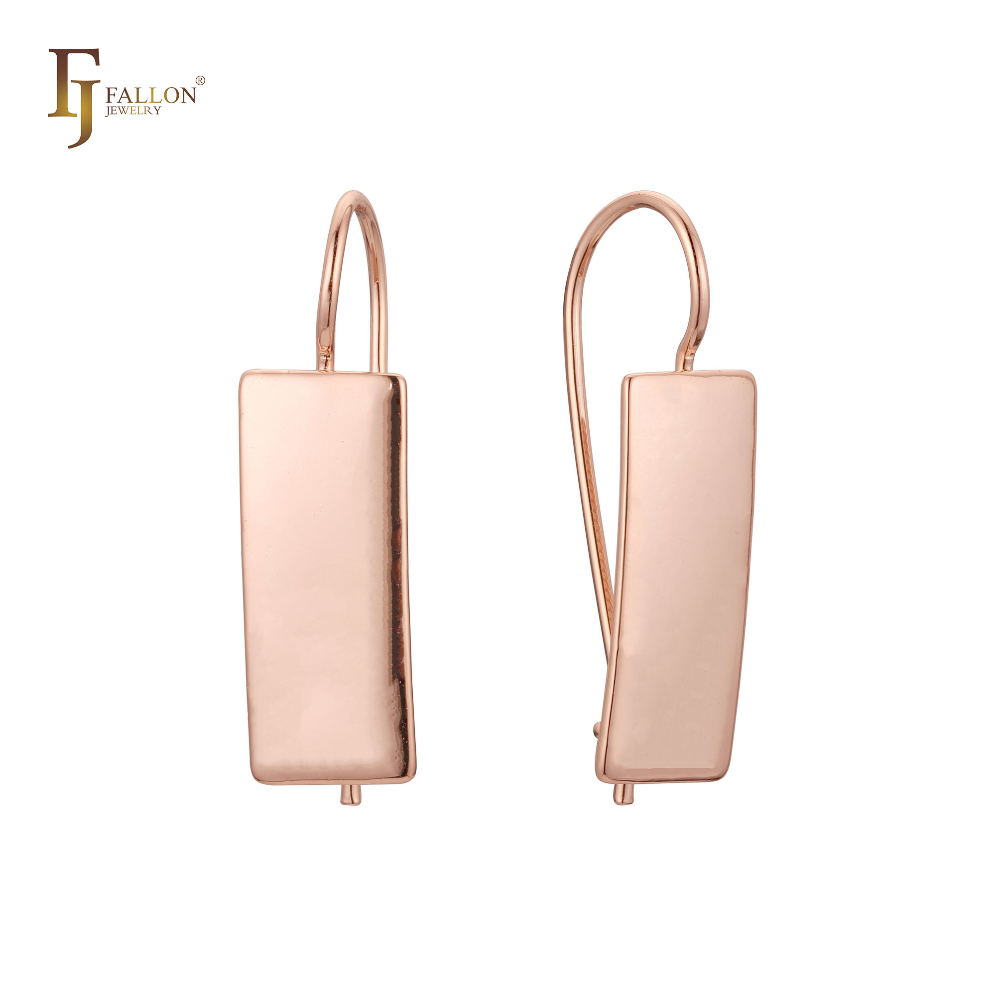 "Minimalist rose gold wire hook earrings with rectangular plate drops, clean polished surface and modern geometric silhouette."
Earrings (Wire Hook) from FJ Fallon Jewelry