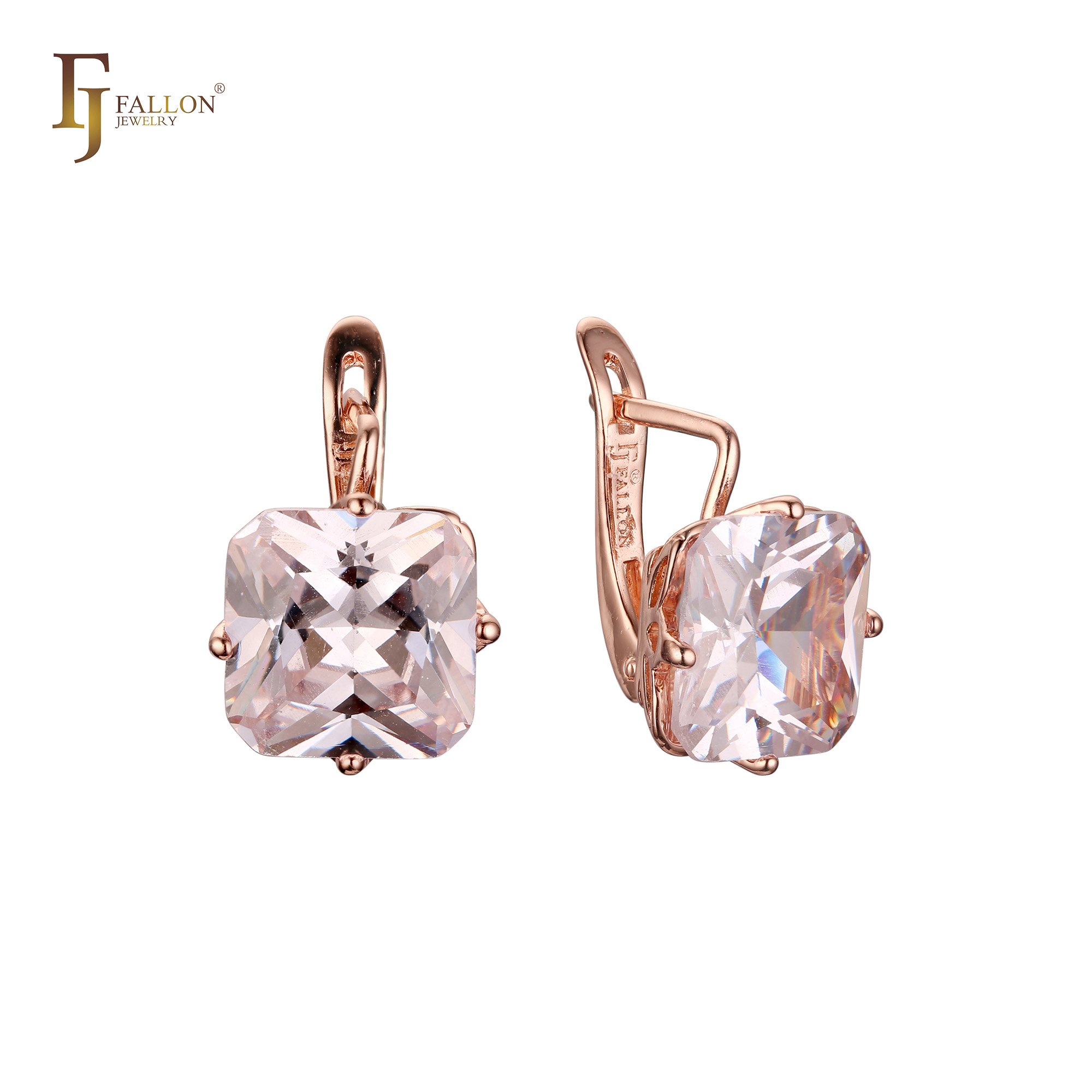 "Rose gold latch back earrings with cushion-cut white CZ stones, elegant design with high brilliance and secure closure."
Earrings (Russian Lock Earrings) from FJ Fallon Jewelry
