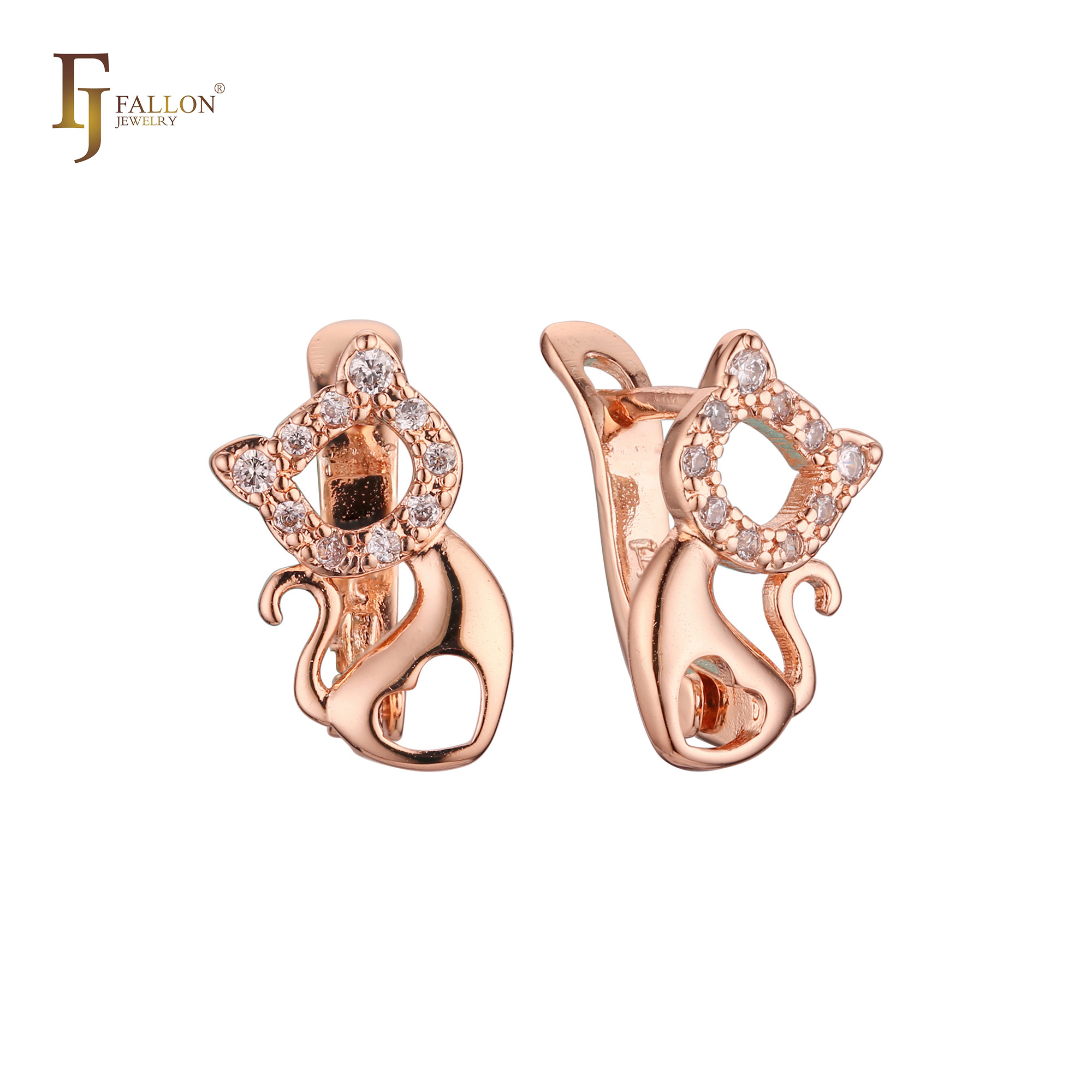 "Rose gold-plated kids’ earrings shaped like cats, with white CZ stones outlining the head, small and lightweight with FJ Fallon logo."
Earrings (for Kids) from FJ Fallon Jewelry