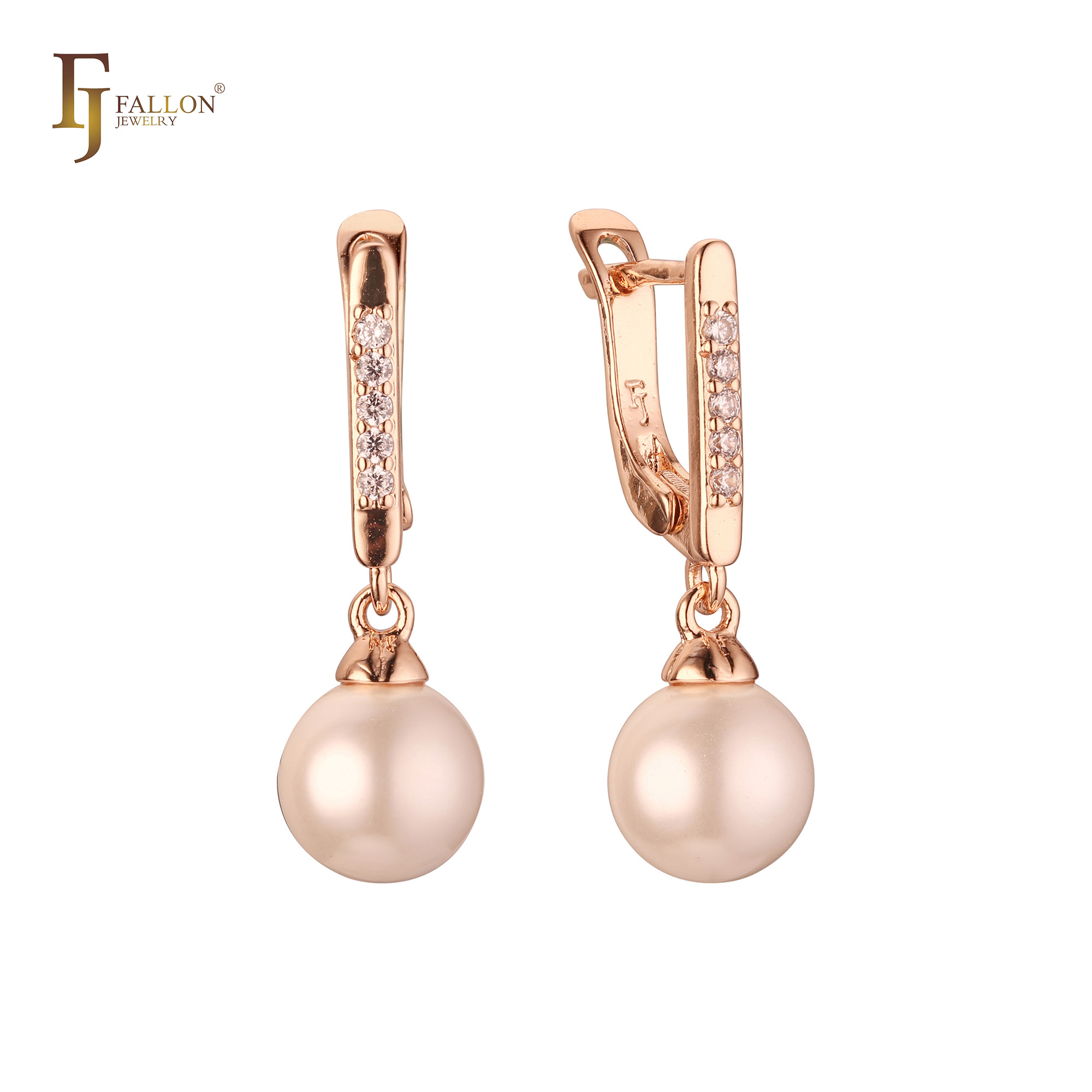 "Rose gold latch back earrings with round pearl drops and CZ accents on the front clasp, elegant and timeless design."
Earrings (Pearl Earrings) from FJ Fallon Jewelry