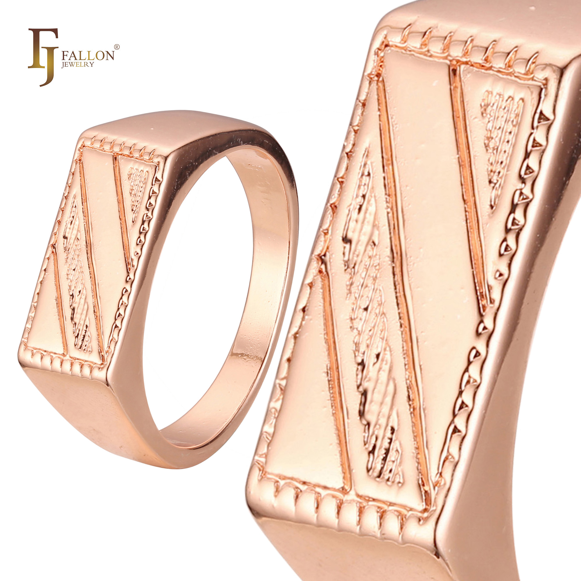 "Rose gold men's signet ring with rectangular face and engraved geometric patterns, bold and structured design shown in full and close-up."
Rings (for Men) From FJ Fallon Jewelry