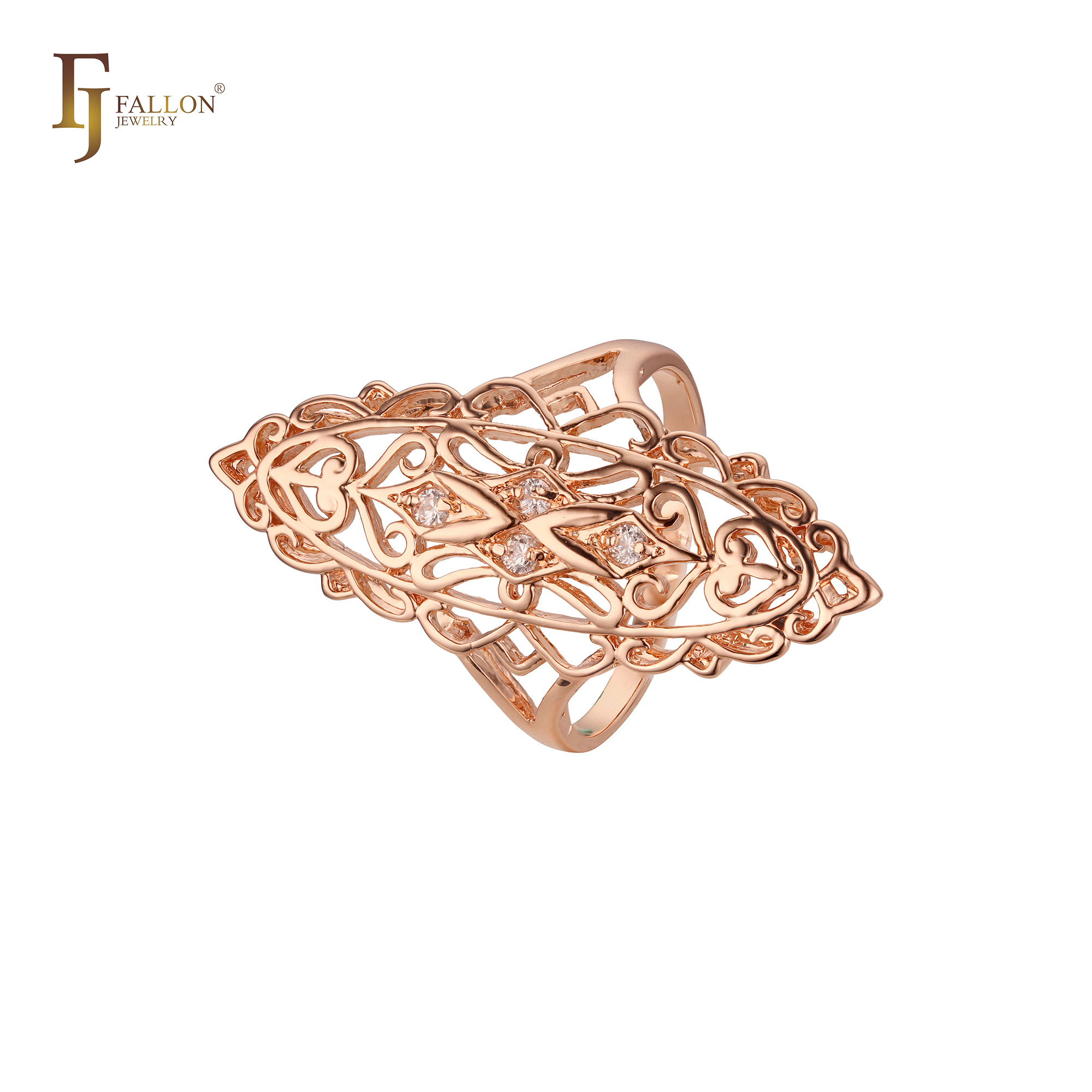 "Rose gold fashion ring with filigree leaf-shaped openwork design and multiple white CZ stones, ornate and elegant style."
Rings (Fashion Rings) From FJ Fallon Jewelry
