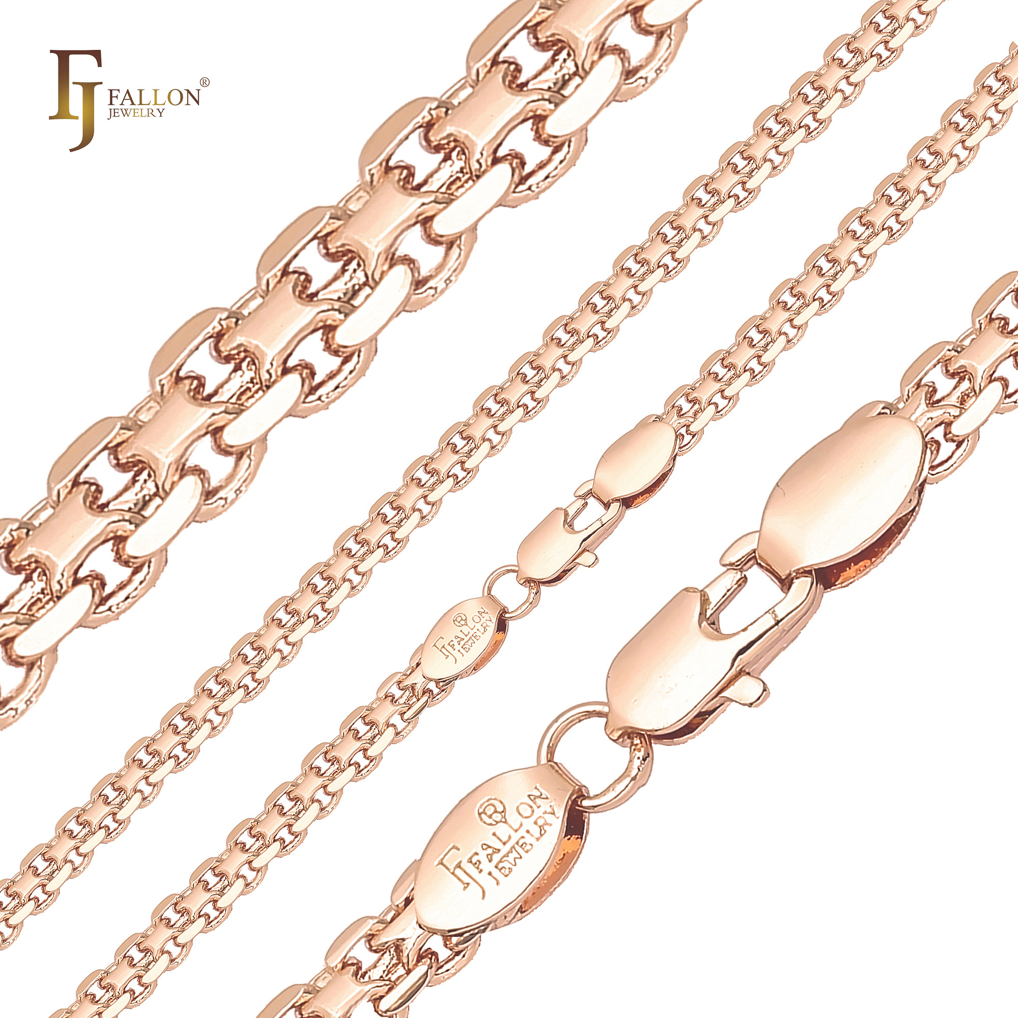 "Detailed view of rose gold chain necklaces with Bismarck and interlocking link styles, featuring branded lobster clasps engraved with FJ Fallon Jewelry."
Chain Necklaces (Rose Gold) From FJ Fallon Jewelry